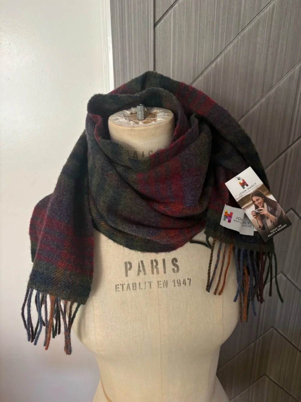 NWT JOHN HANLY 1943 Irish Wool Scarf Green Mustard Purple Check Plaid Wool